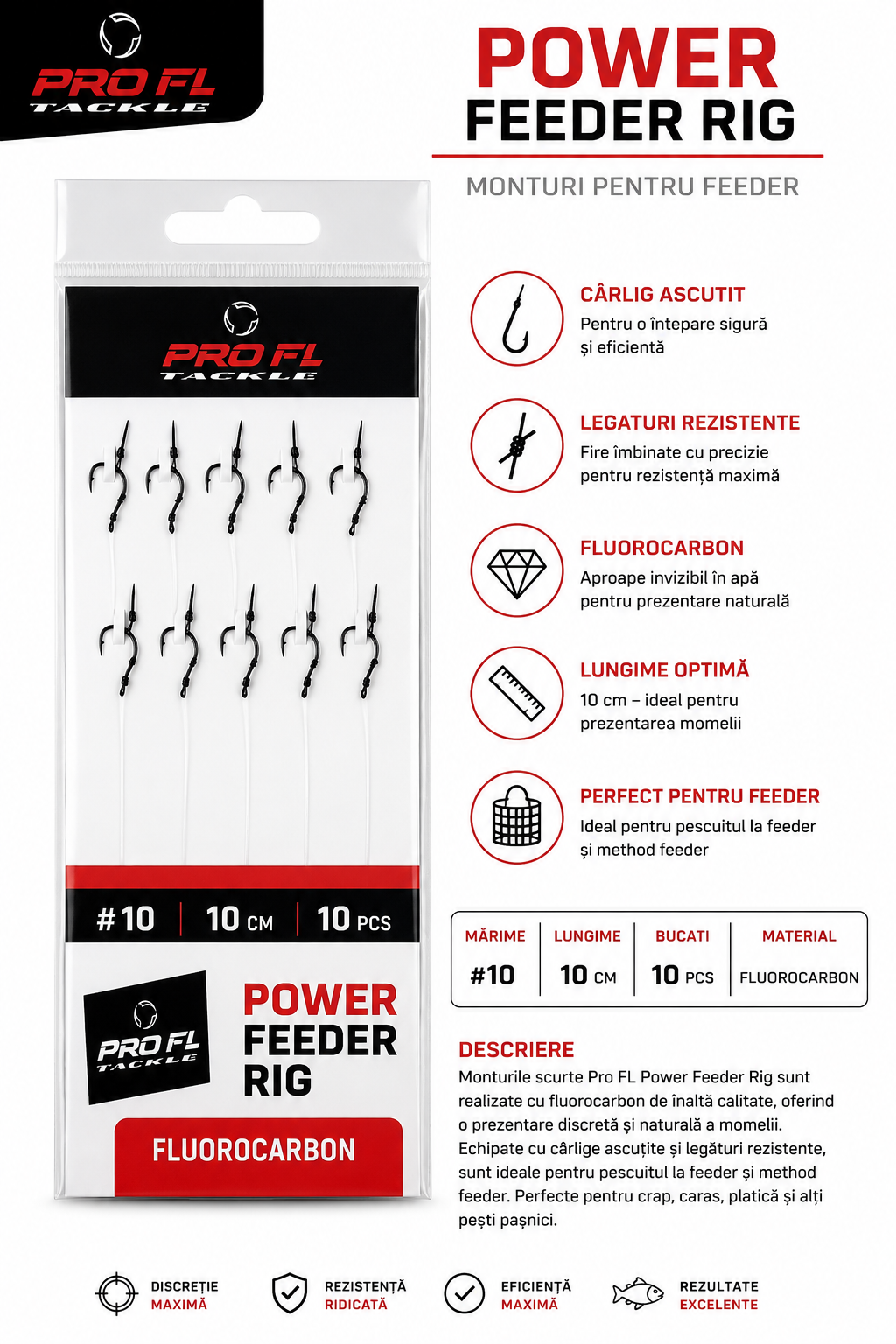 Carlige Legate Pro FL Power Feeder Rig Fluorocarbon Nr. 10, 10cm, 10 Bucati
