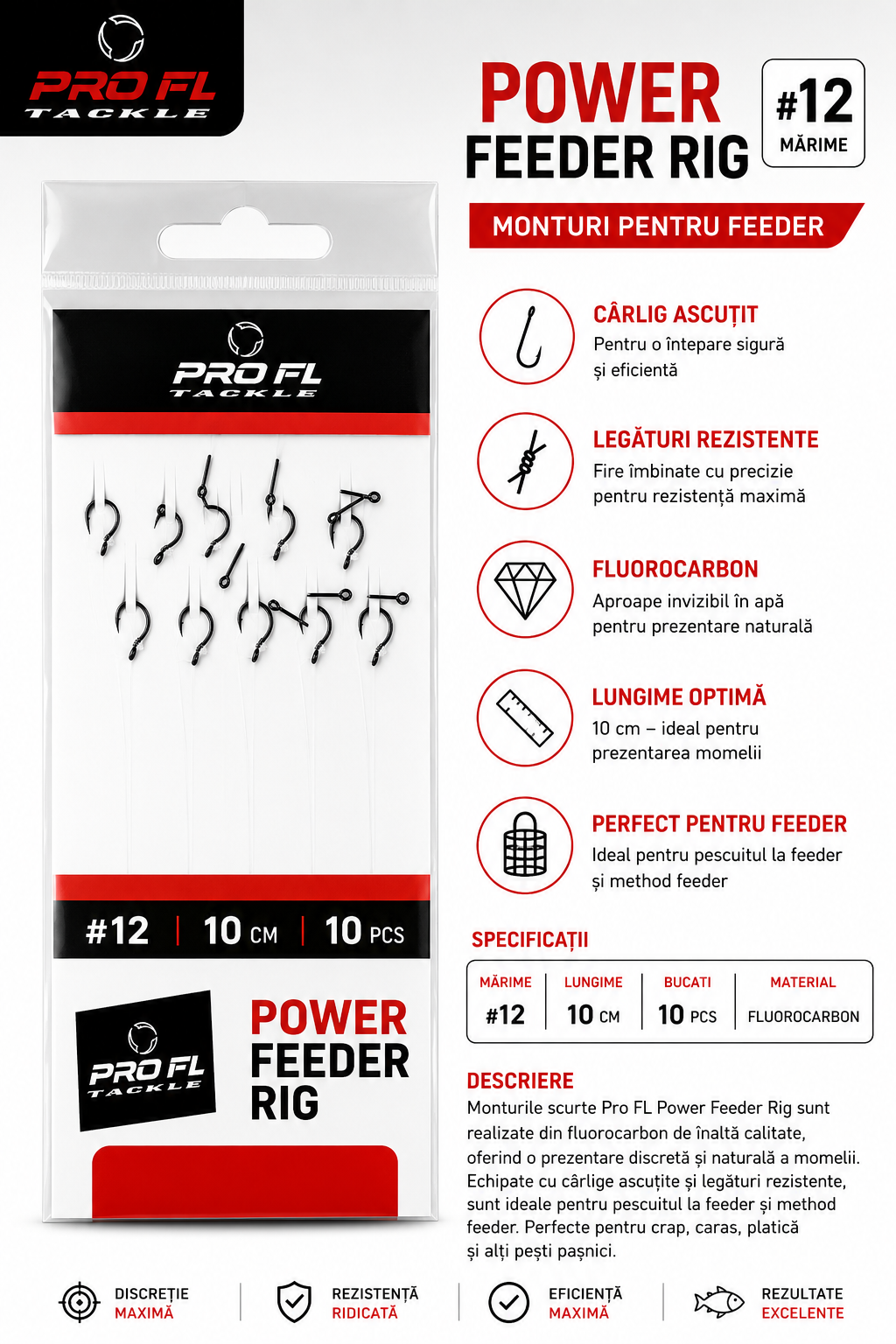 Carlige Legate Pro FL Power Feeder Rig Fluorocarbon Nr. 12, 10cm, 10 Bucati