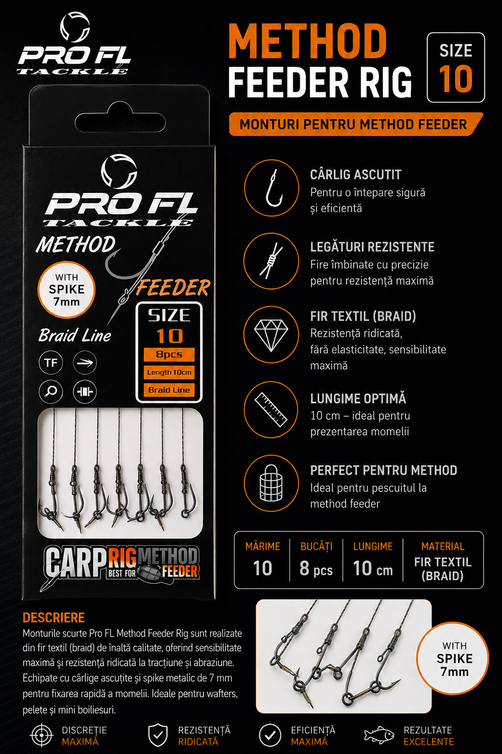 Carlige Legate Pro FL Method Feeder Rig cu Spin 7mm, Fir Textil (Braid), Nr. 10, 10cm, 8 Bucati