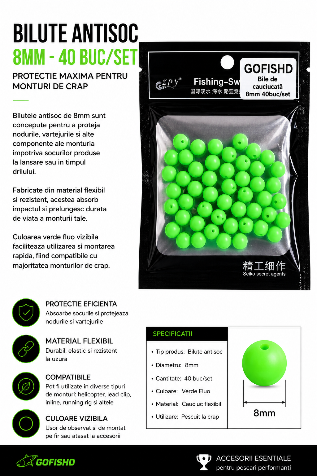 Bilute Antisoc Verzi Fluo 8mm – 40 Buc/Set pentru Monturi de Crap