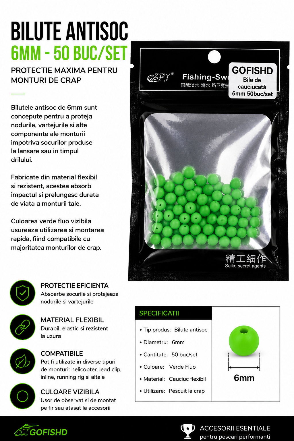 Bilute Antisoc Verzi Fluo 6mm – 50 Buc/Set pentru Monturi de Crap