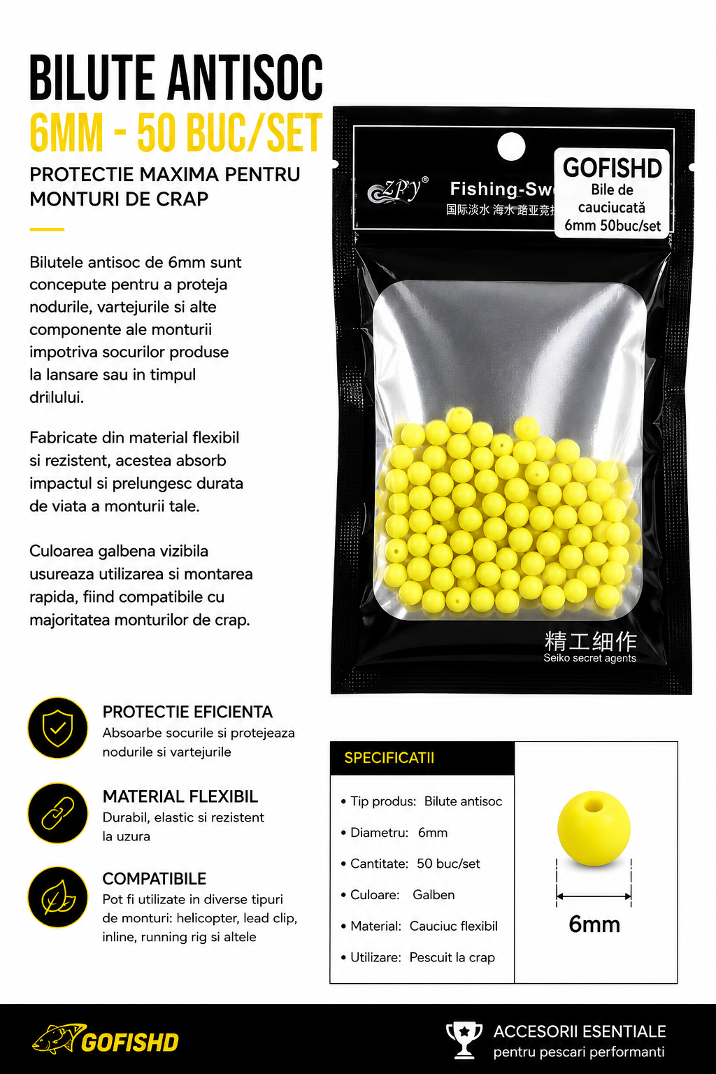 Bilute Antisoc Galben Fluo 6mm – 50 Buc/Set pentru Monturi de Crap