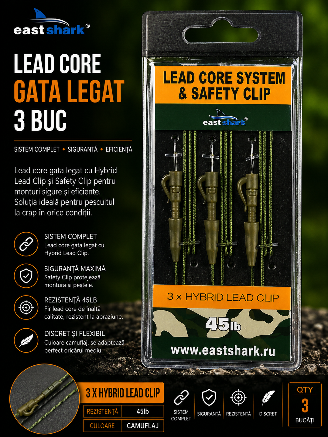 Lead Core Gata Legat EastShark 45lb – Helicopter Rig cu Safety Clip – Set 3 Bucati pentru Pescuit la Crap