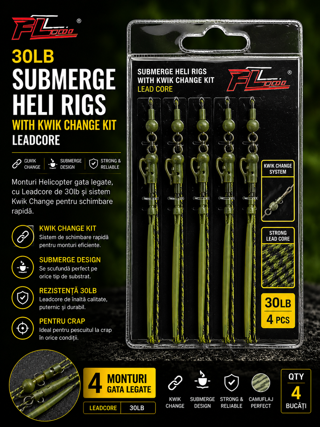 Monturi Helicopter Gata Legate FL 30lb cu Kwik Change Kit și Leadcore – Set 4 Bucati pentru Pescuit la Crap