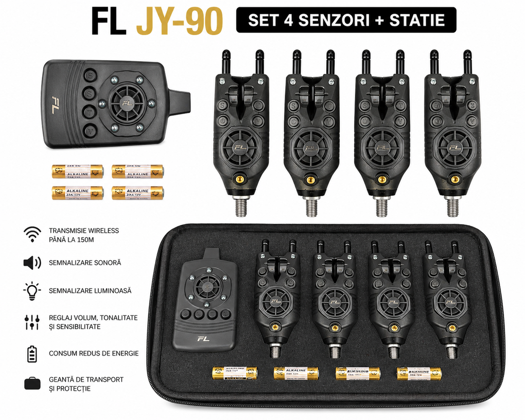Set 4 Senzori FL + Statie JY-90 – Avertizori Wireless pentru Pescuit