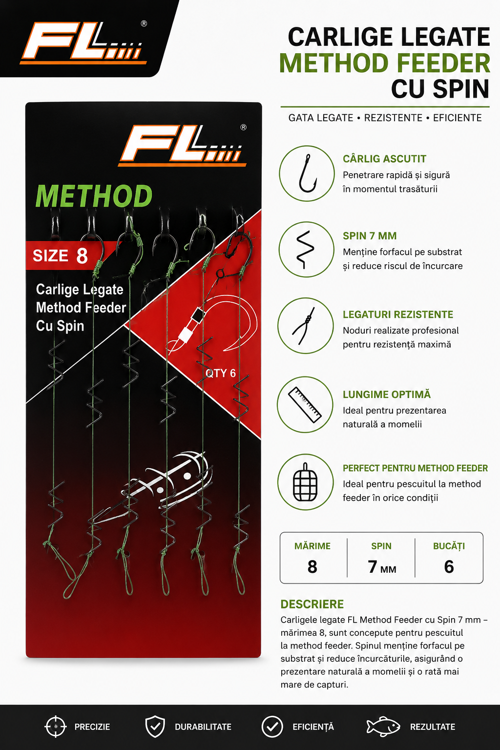 Carlige Legate FL Method Feeder cu Spin 7mm Nr. 8 – 6 Buc/Set
