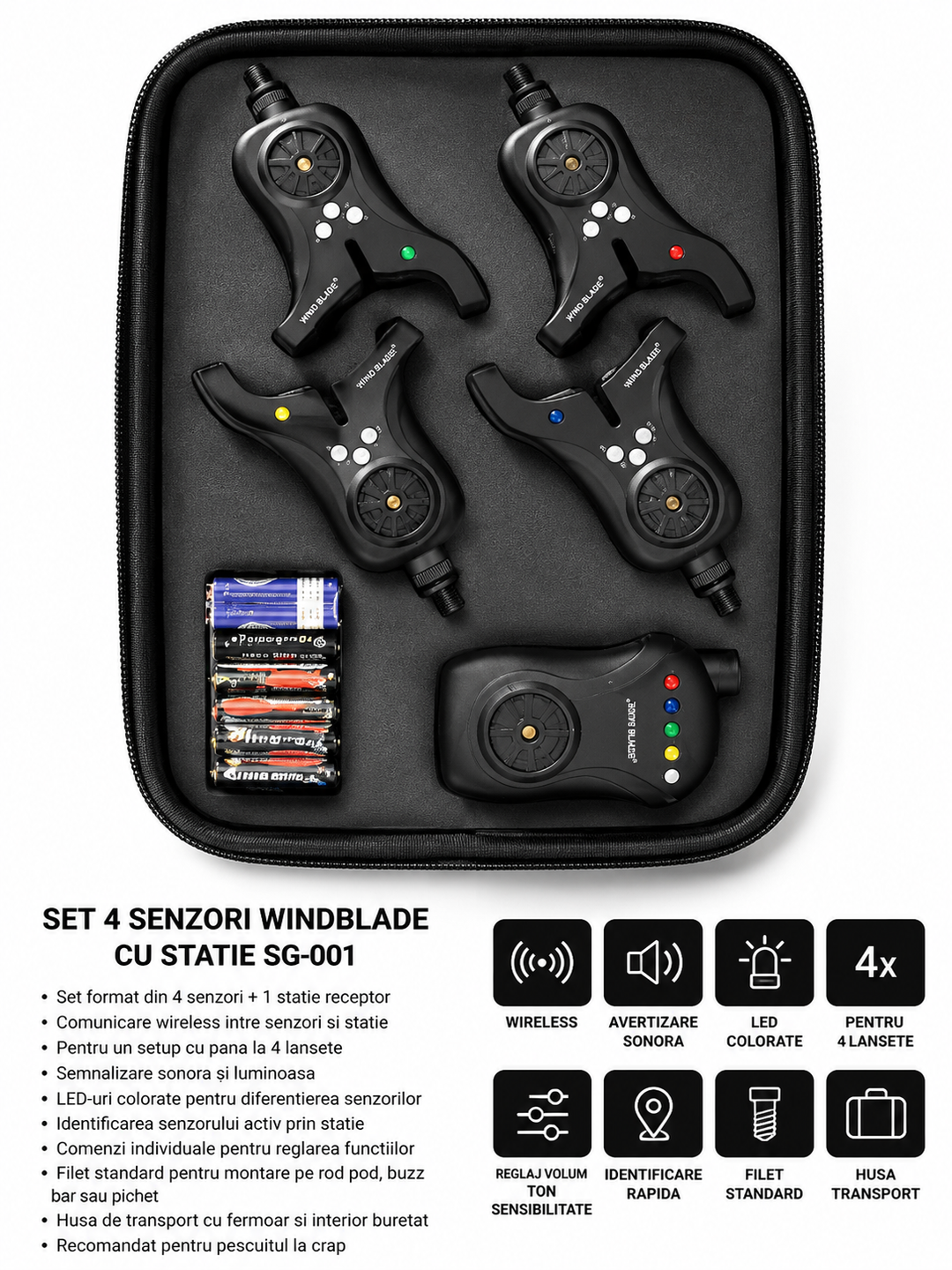 Set 4 Senzori Windblade cu Statie SG-001 – Sistem Wireless pentru Pescuit la Crap