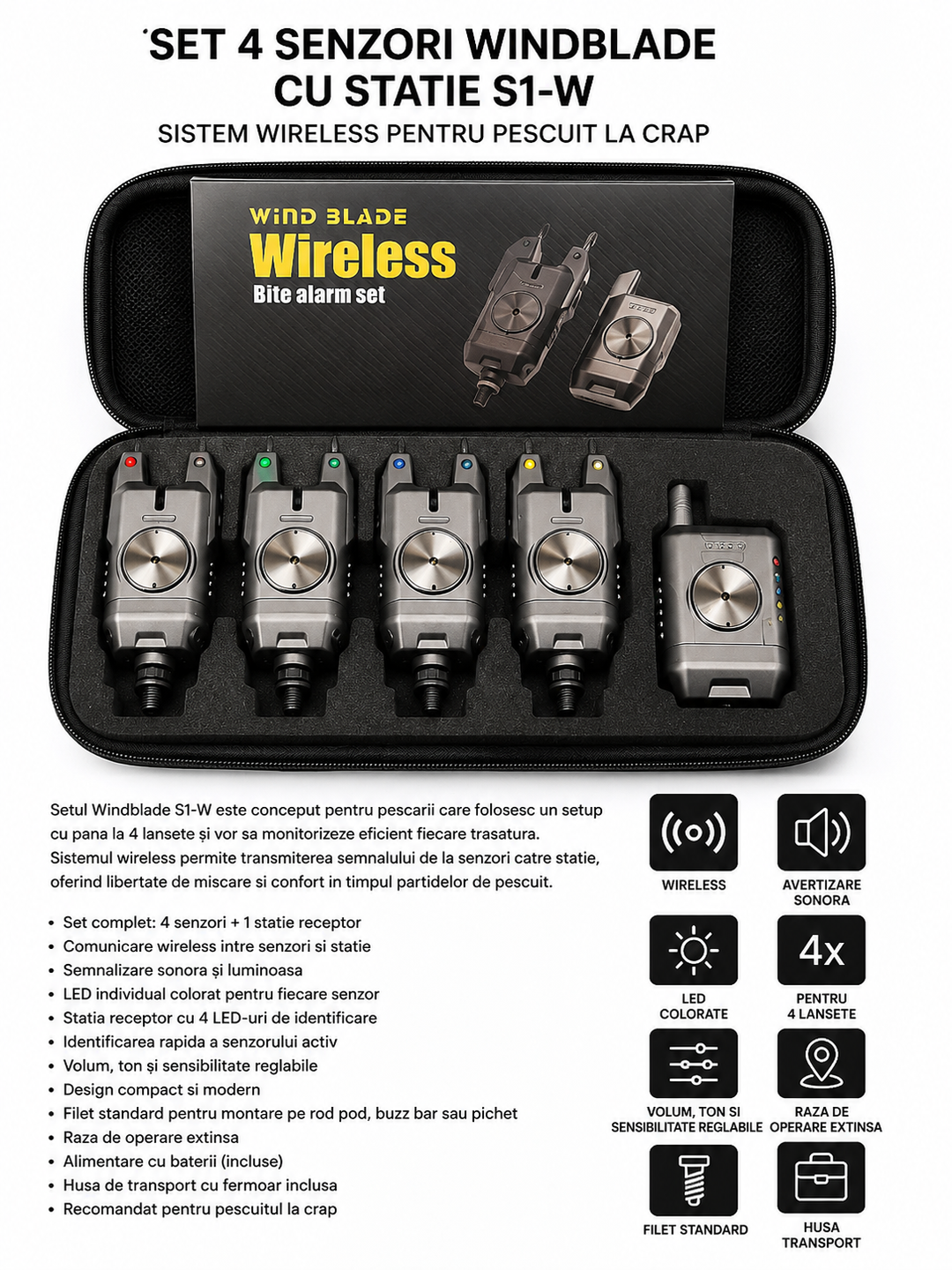 Set 4 Senzori Windblade cu Statie S1-W – Sistem Wireless pentru Pescuit la Crap