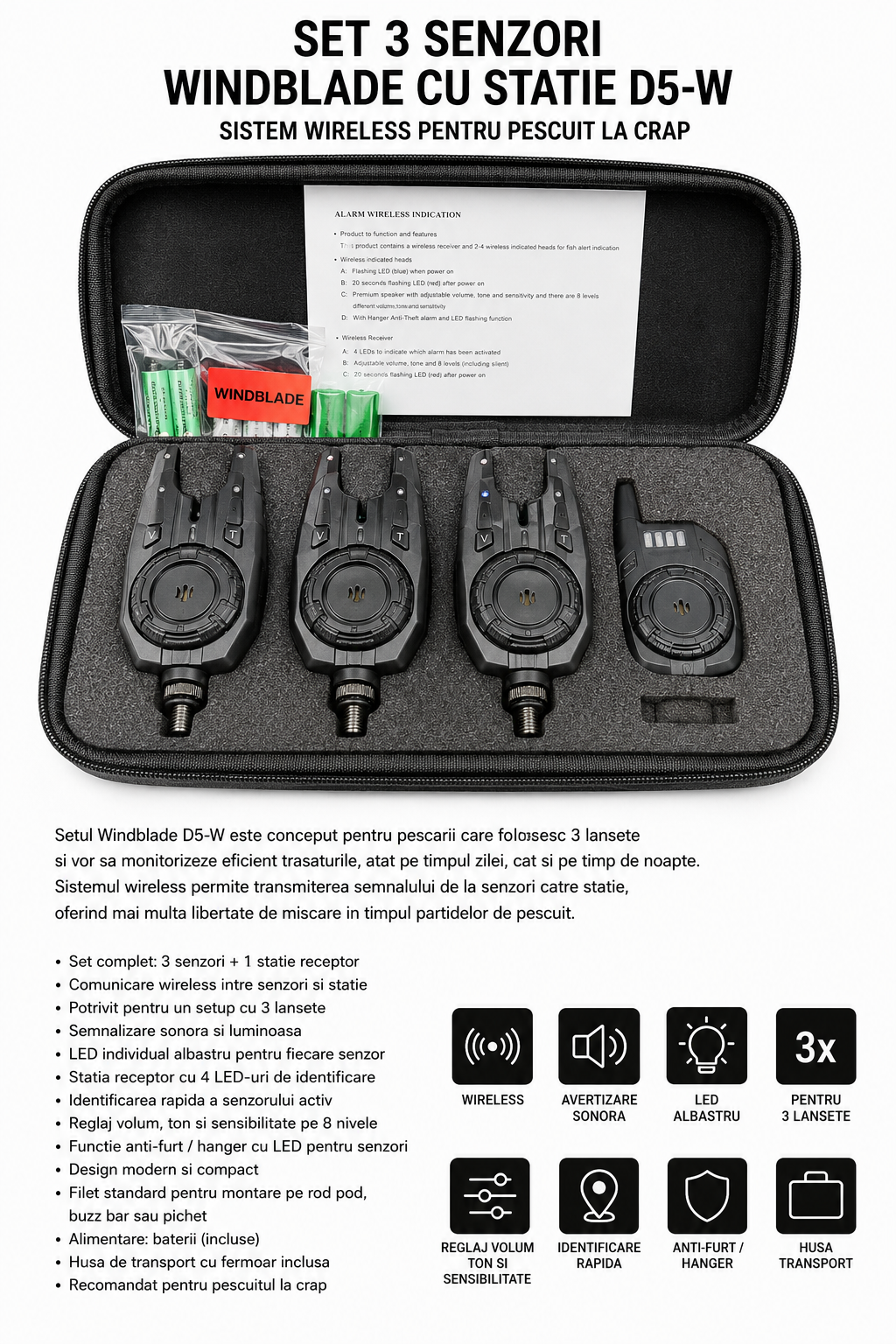 Set 3 Senzori Windblade cu Statie D5-W – Sistem Wireless pentru Pescuit la Crap