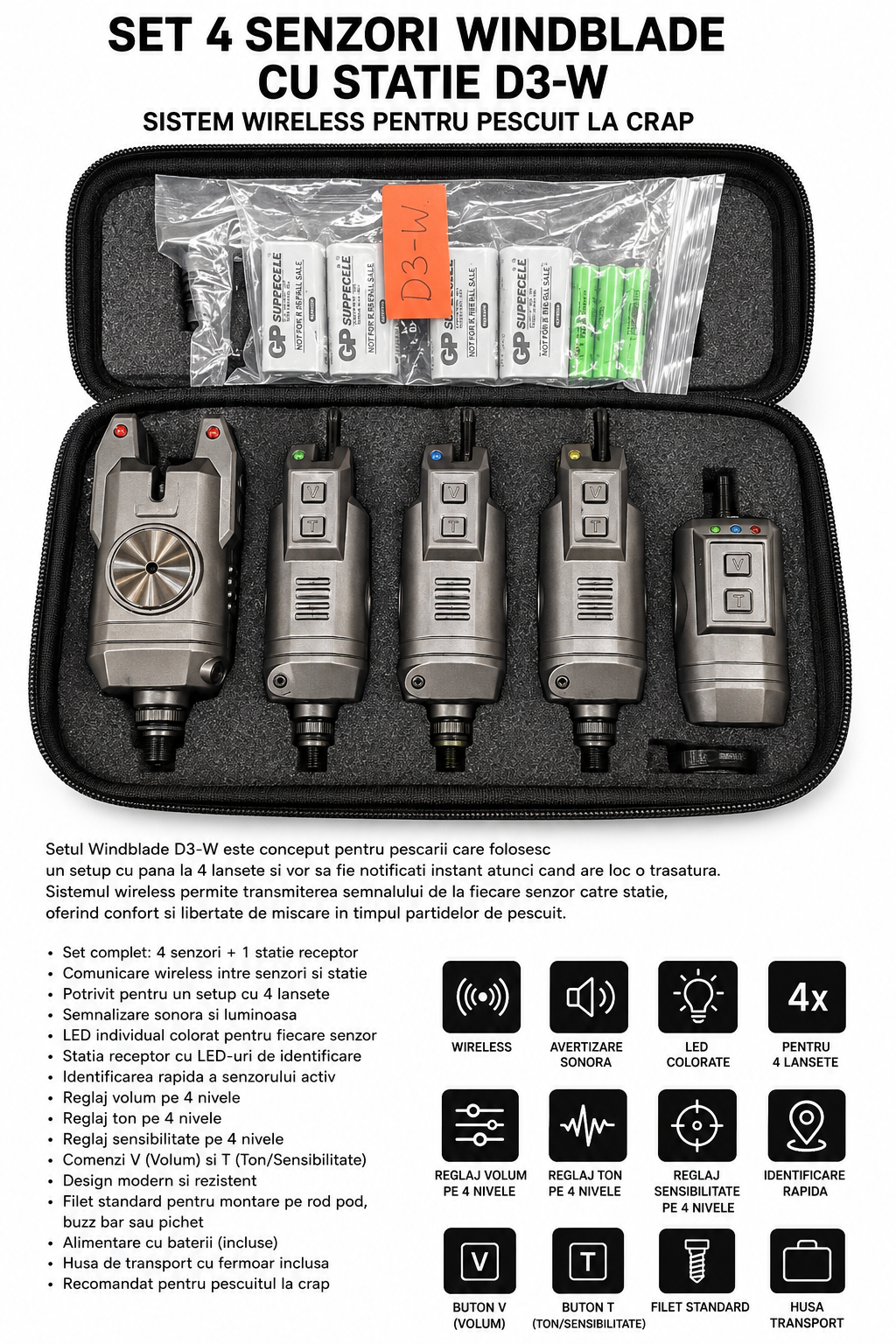 Set 4 Senzori Windblade cu Statie D3-W – Sistem Wireless pentru Pescuit la Crap
