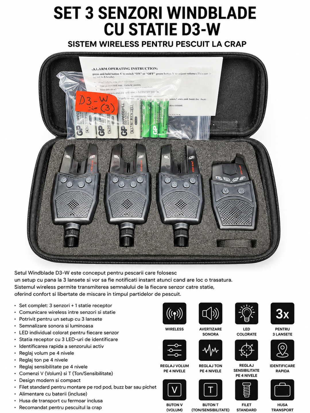 Set 3 Senzori Windblade cu Statie D3-W – Sistem Wireless pentru Pescuit la Crap