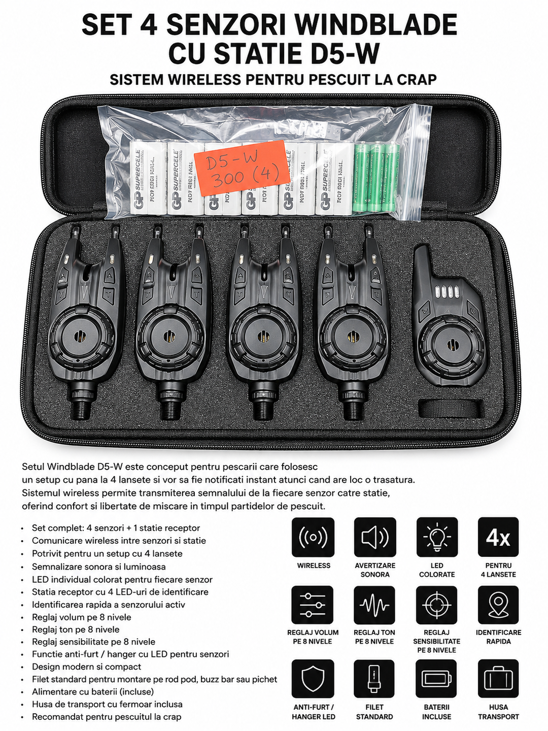 Set 4 Senzori Windblade cu Statie D5-W – Sistem Wireless pentru Pescuit la Crap
