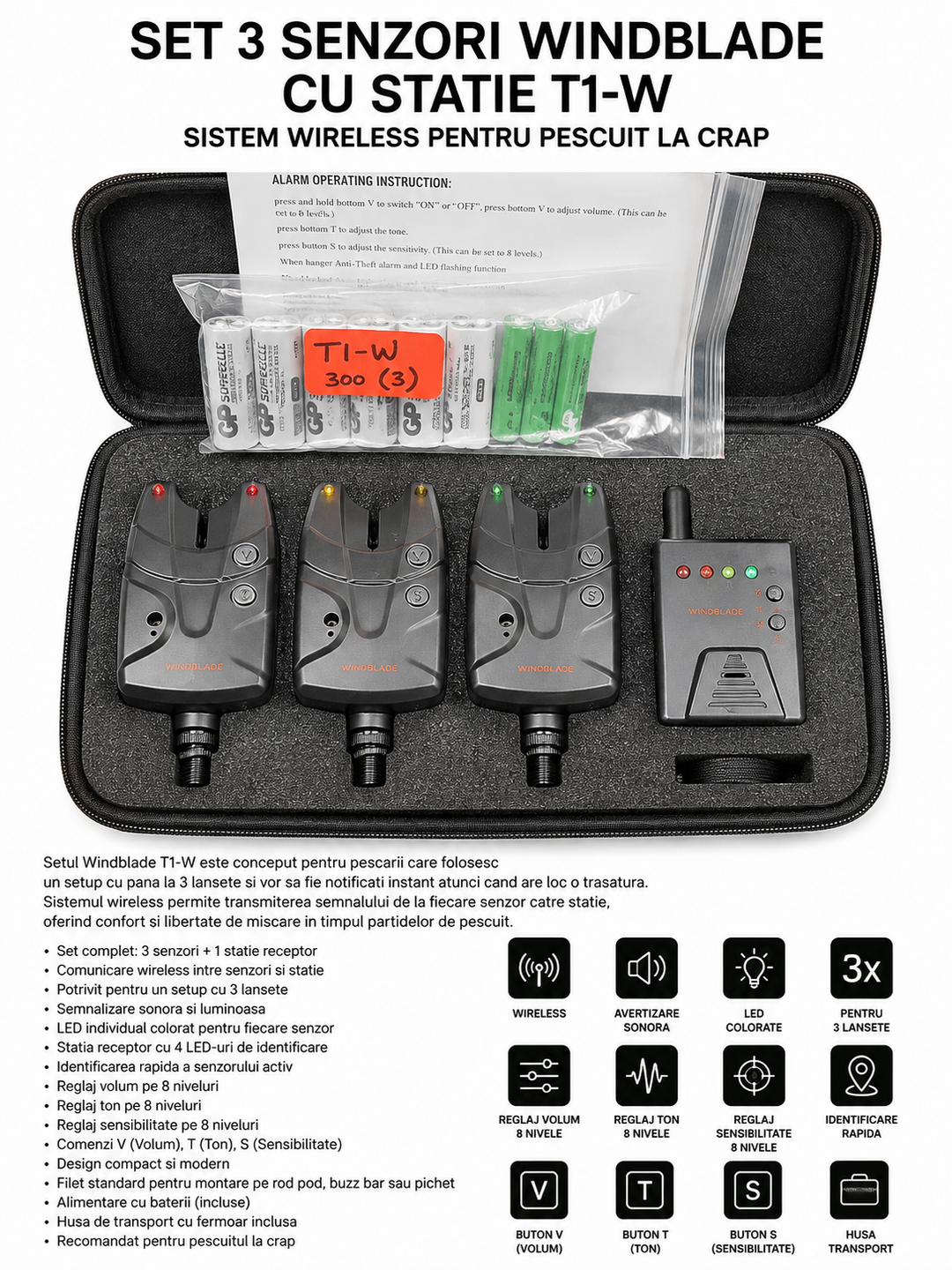 Set 3 Senzori Windblade cu Statie T1-W – Sistem Wireless pentru Pescuit la Crap