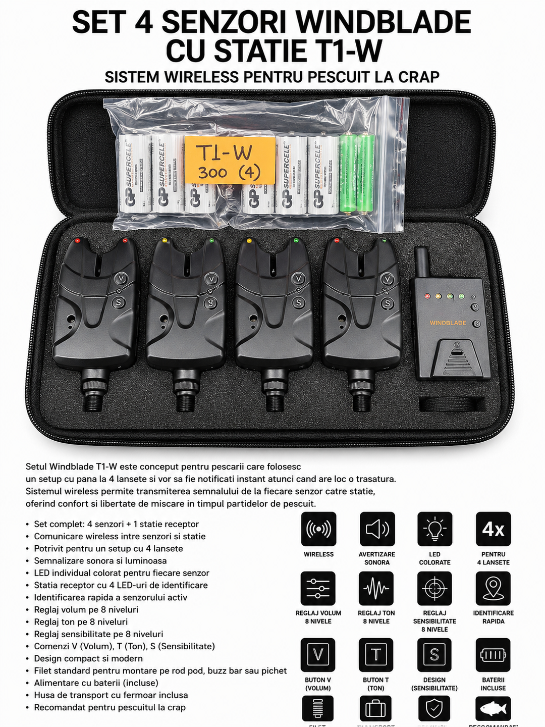 Set 4 Senzori Windblade cu Statie T1-W – Sistem Wireless pentru Pescuit la Crap