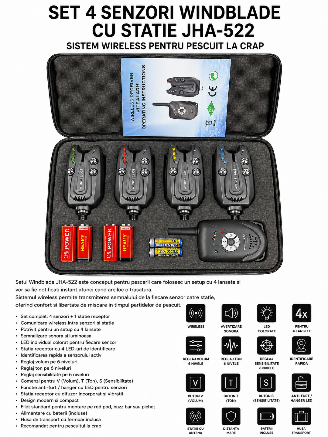 Set 4 Senzori Windblade cu Statie JHA-522 – Sistem Wireless pentru Pescuit la Crap