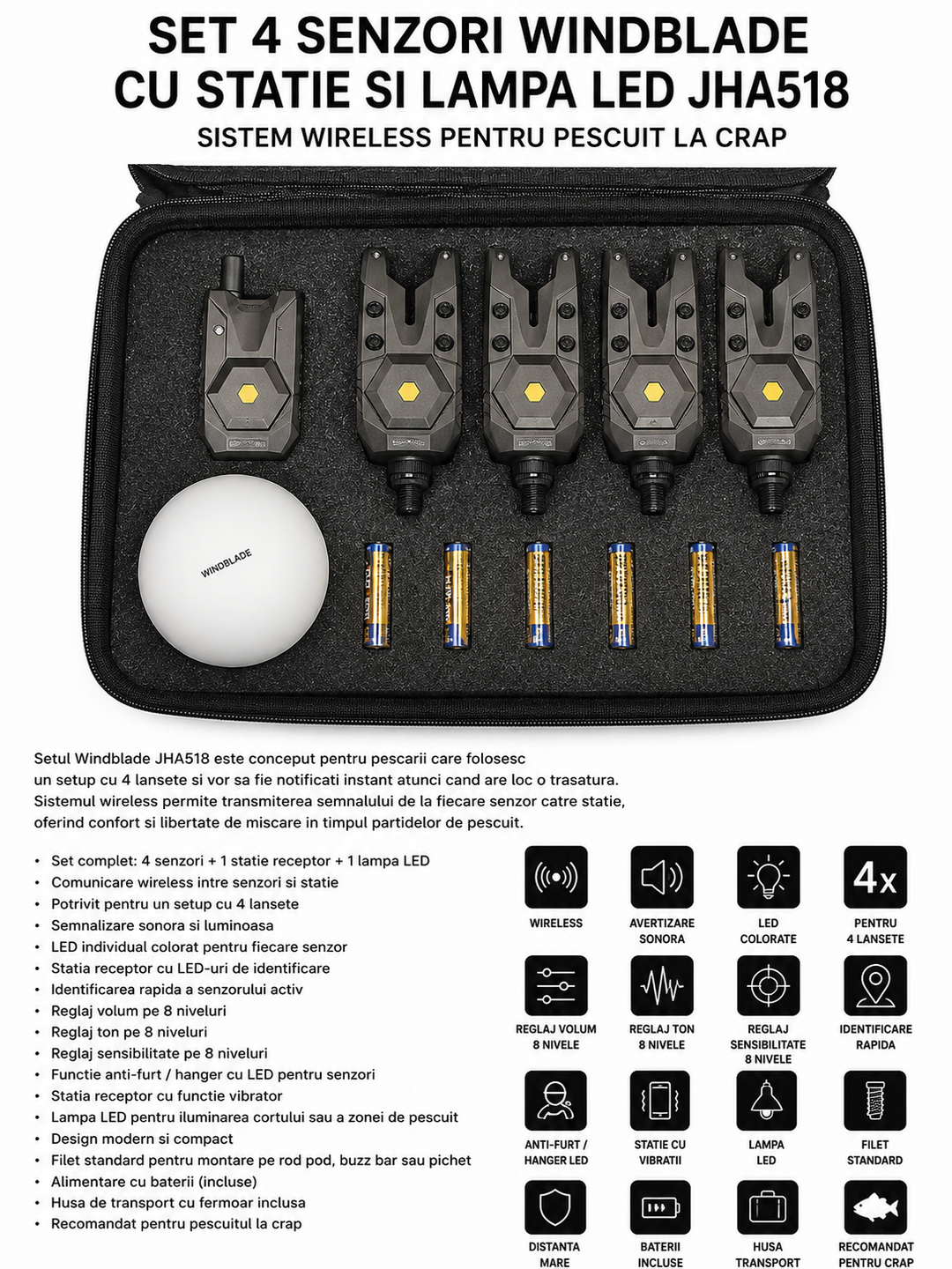 Set 4 Senzori Windblade cu Statie si Lampa LED JHA518 – Wireless, Raza pana la 150 m