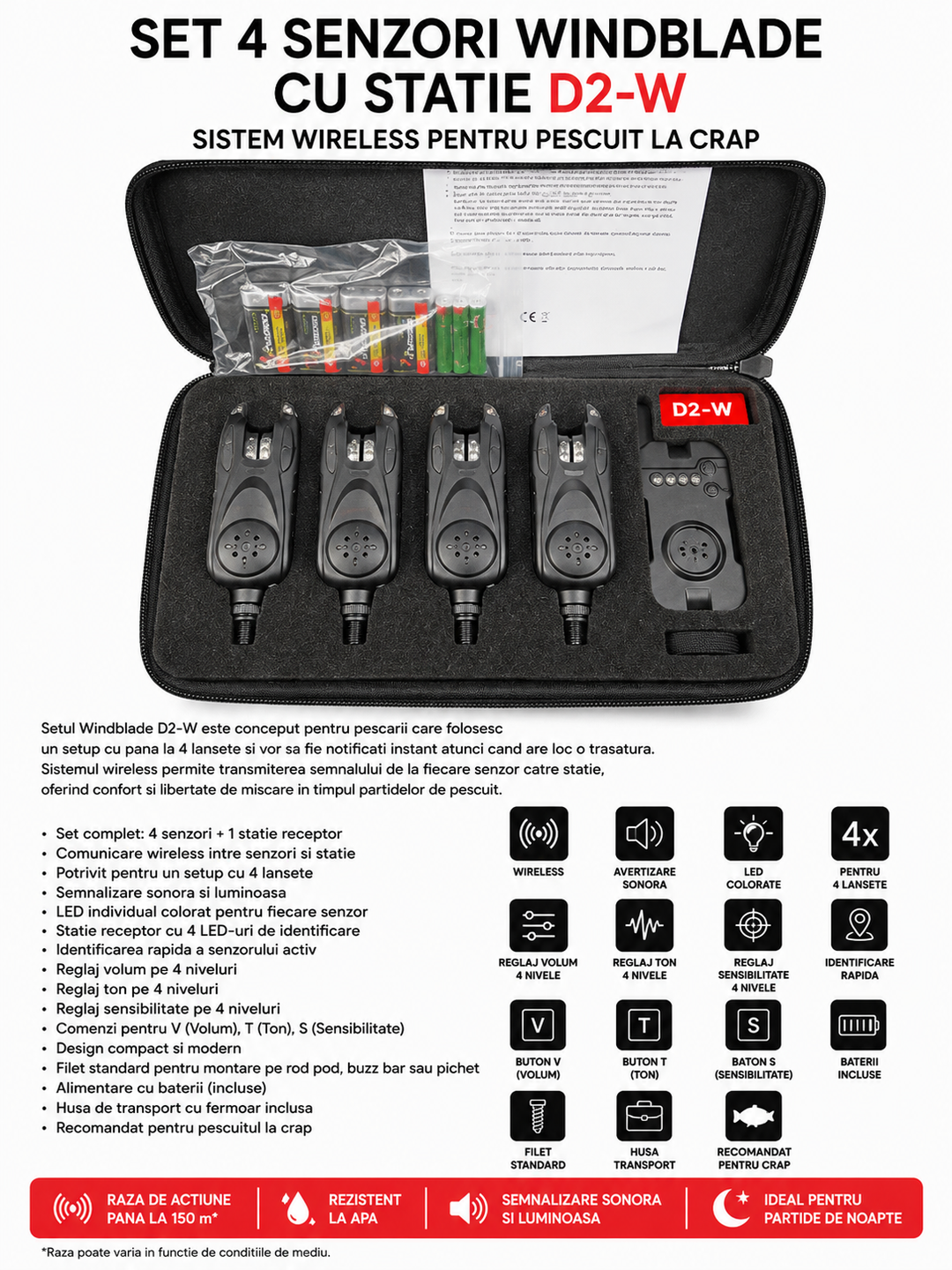 Set 4 Senzori Windblade cu Statie D2-W – Sistem Wireless pentru Pescuit la Crap