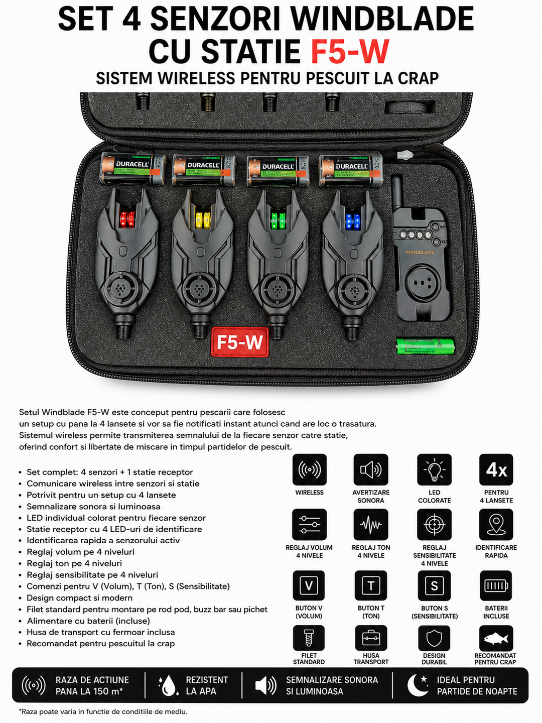 Set 4 Senzori Windblade cu Statie F5-W – Sistem Wireless pentru Pescuit la Crap