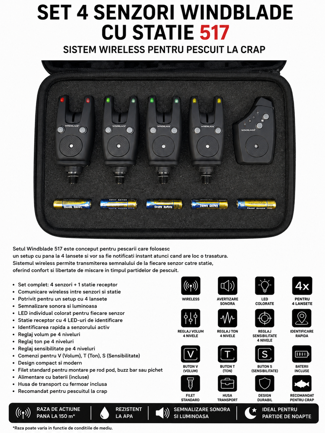 Set 4 Senzori Windblade cu Statie 517 – Sistem Wireless pentru Pescuit la Crap
