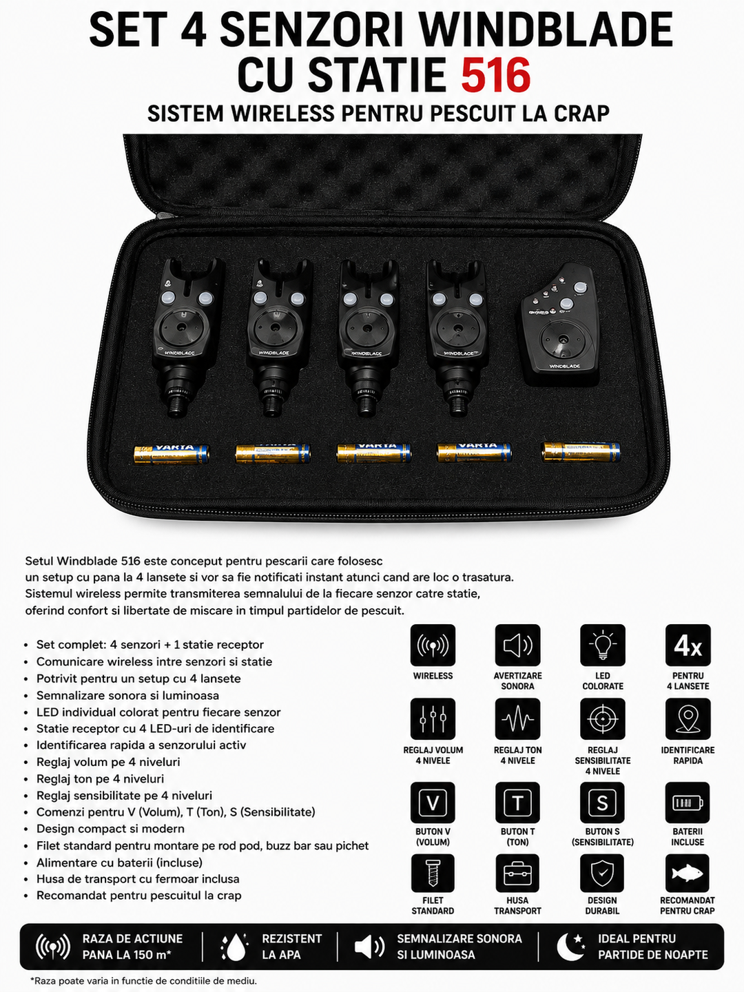 Set 4 Senzori Windblade cu Statie 516 – Sistem Wireless pentru Pescuit la Crap