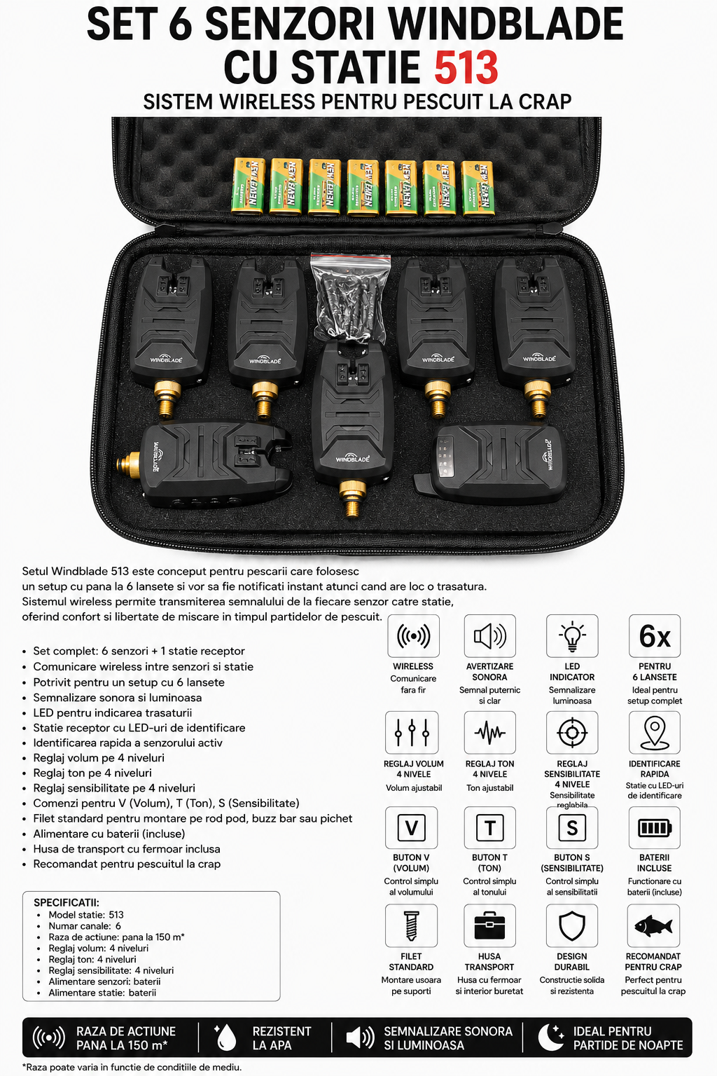 Set 6 Senzori Windblade cu Statie 513 – Sistem Wireless pentru Pescuit la Crap