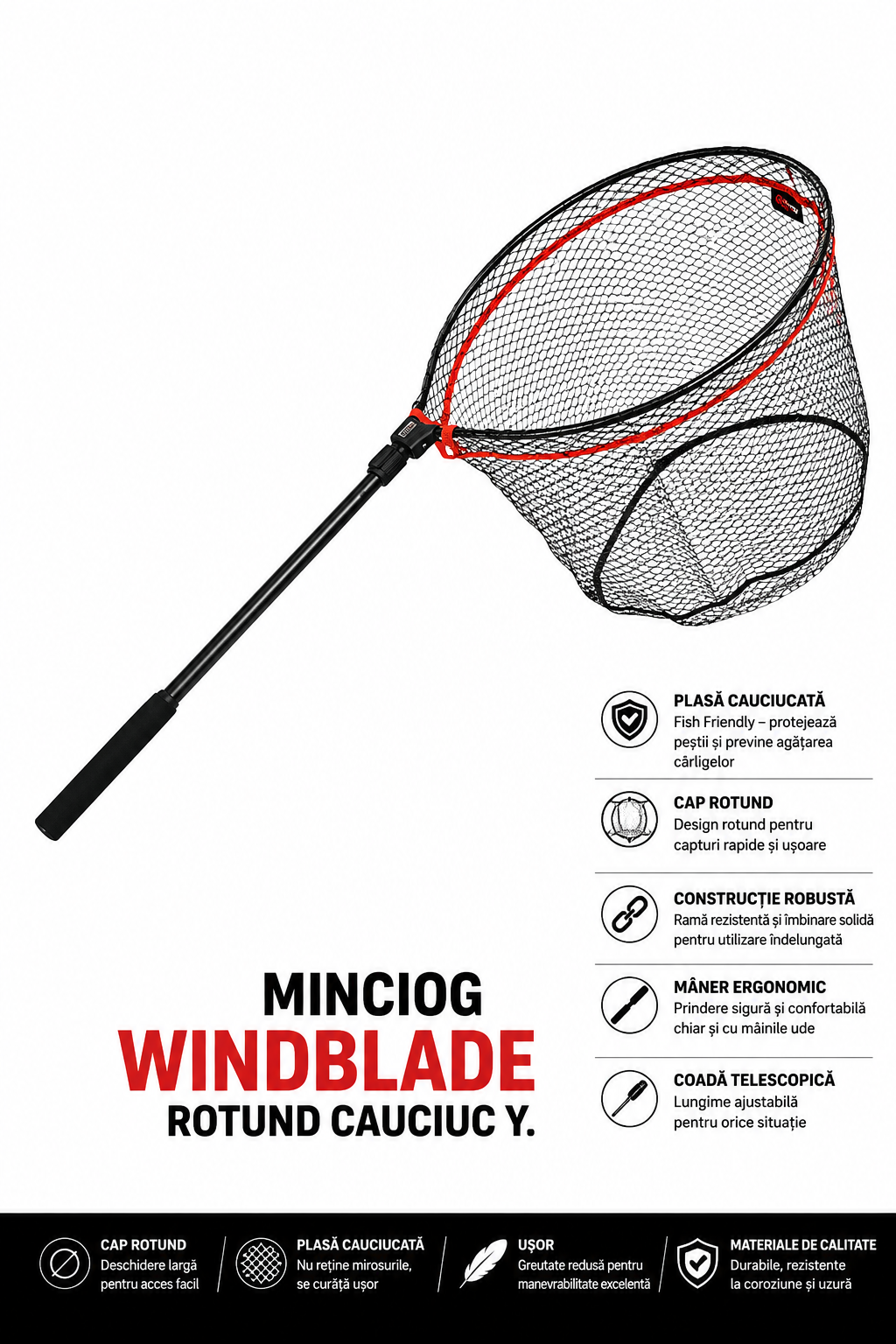 Minciog Windblade Rotund Cauciuc Y. - Plasa Cauciucata Fish Friendly, Coada Telescopica