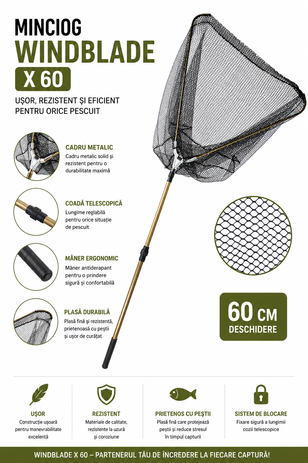 Minciog Windblade X 60 cm - Cap Triunghiular, Coada Telescopica, Plasa cu Ochiuri Fine