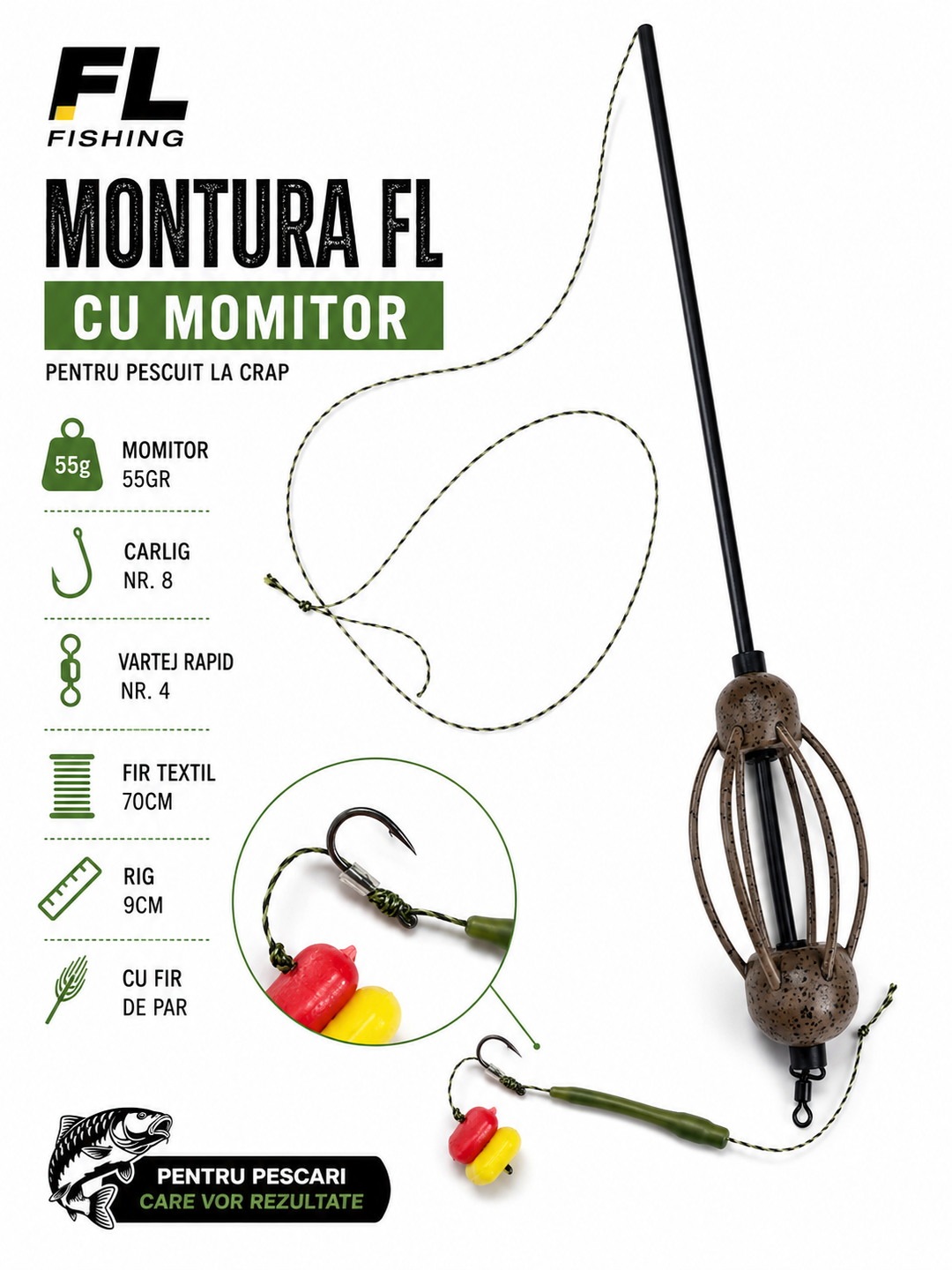 Montura FL cu Momitor 55g, Carlig Nr. 8, Fir Textil 70cm, Rig 9cm, Fir de Par