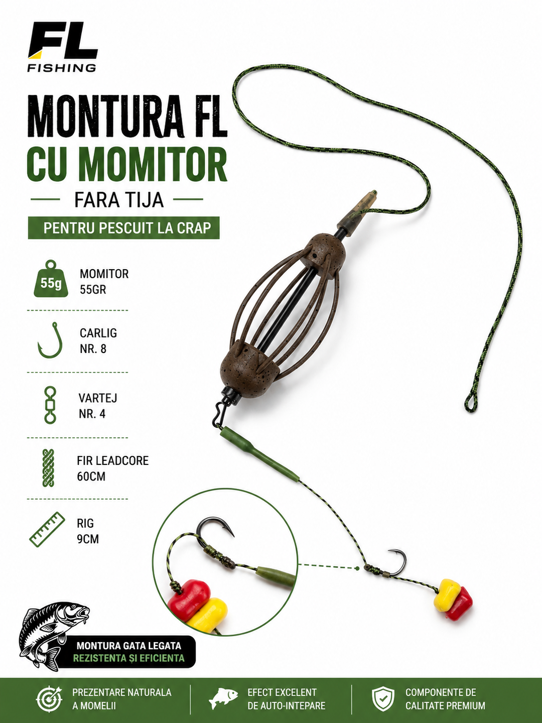 Montura FL cu Momitor Fara Tija 55g, Carlig Nr. 8, Vartej Nr. 4, Fir Leadcore 60cm, Rig 9cm