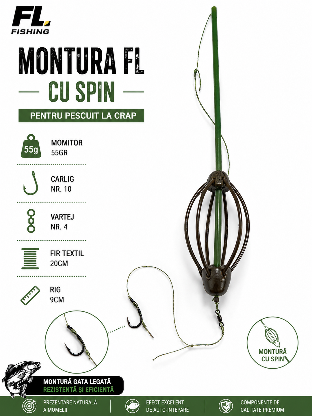 Montura FL cu Spin, Momitor 55g, Carlig Nr. 10, Fir Textil 20cm, Vartej Nr. 4, Rig 9cm