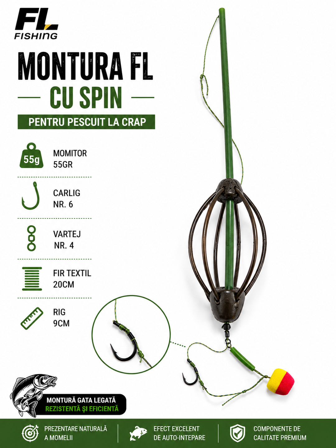 Montura FL cu Spin, Momitor 55g, Carlig Nr. 6, Fir Textil 20cm, Vartej Nr. 4, Rig 9cm