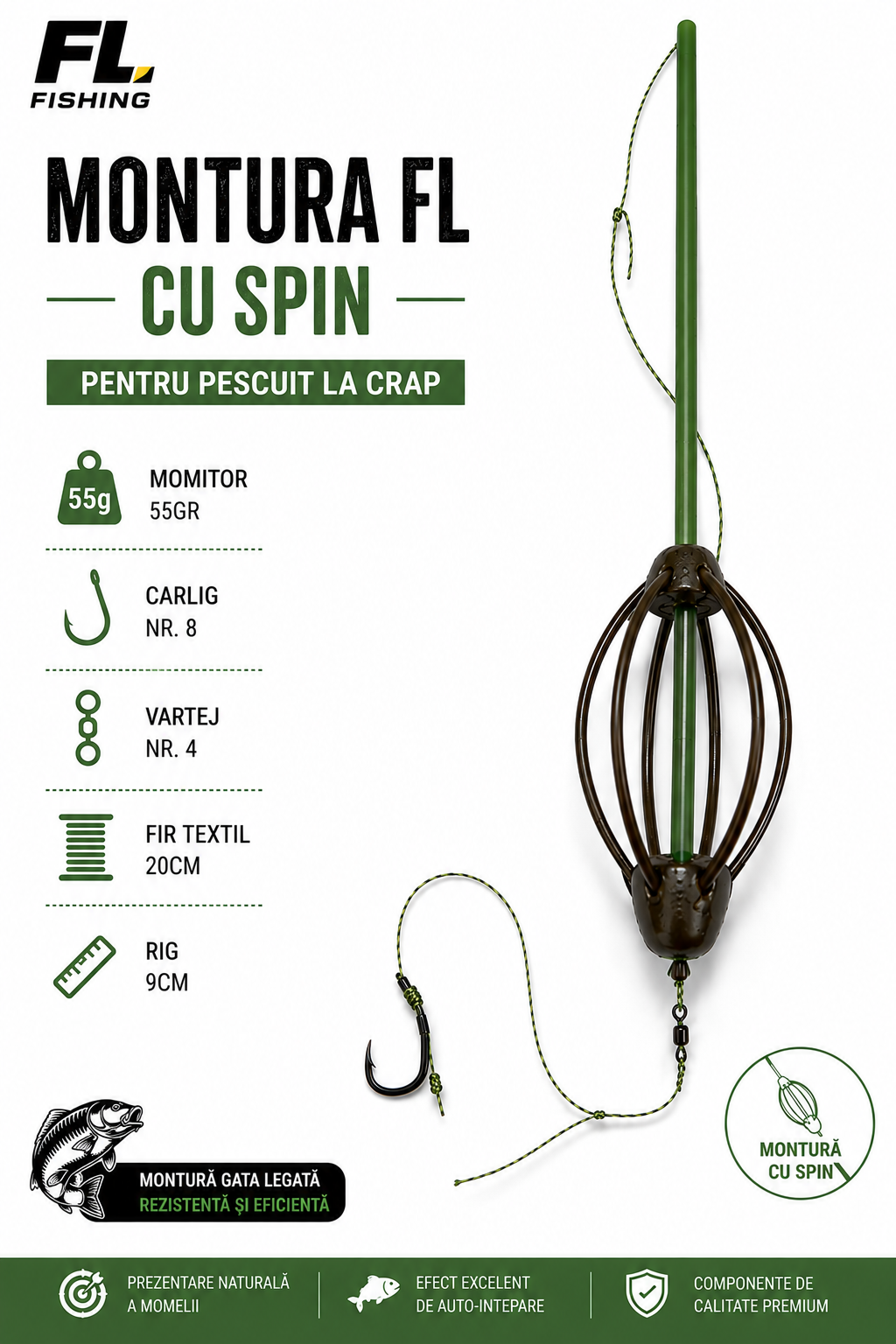 Montura FL cu Spin, Momitor 55g, Carlig Nr. 8, Fir Textil 20cm, Vartej Nr. 4, Rig 9cm