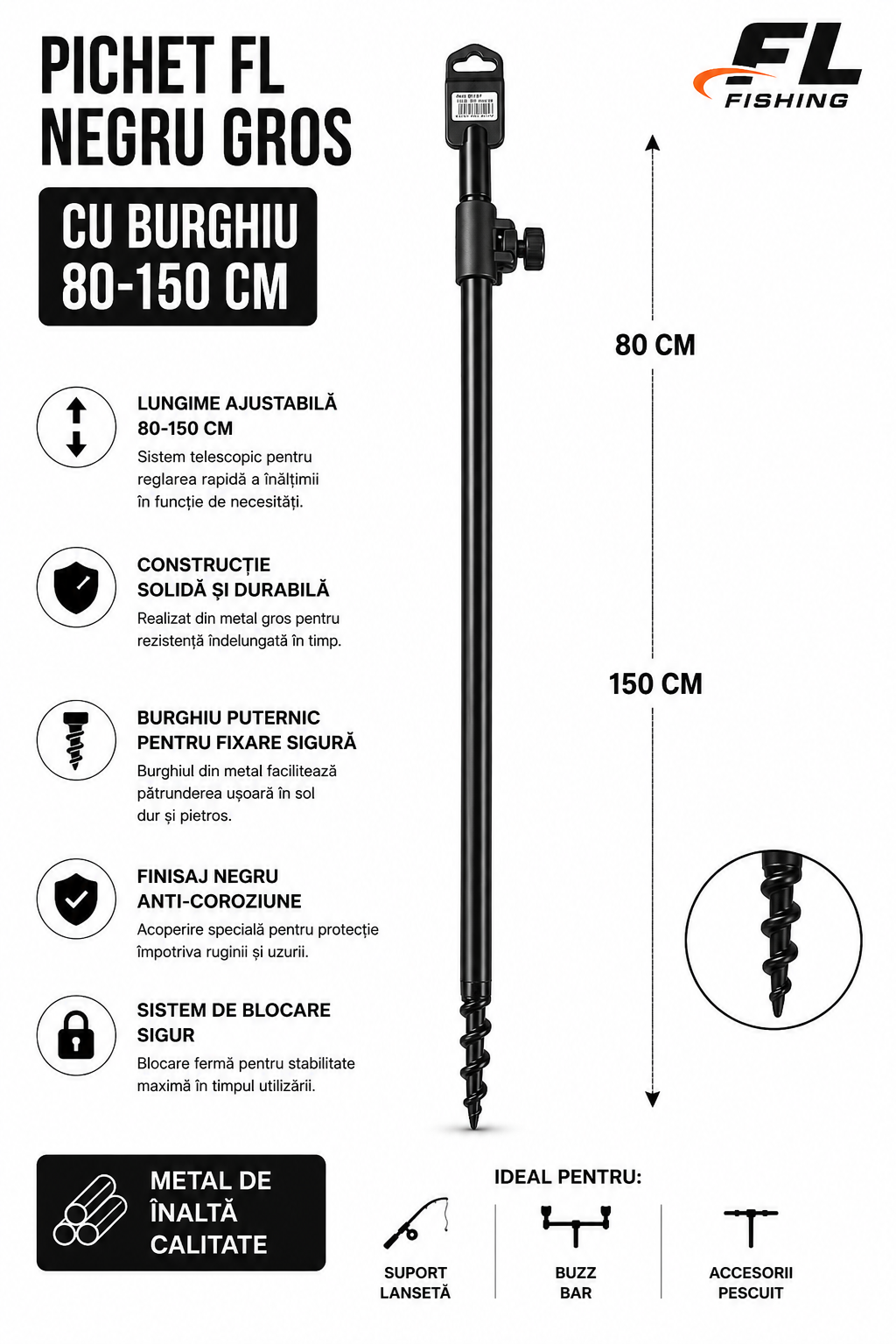 Pichet FL Negru Gros cu Burghiu Reglabil 80-150 cm