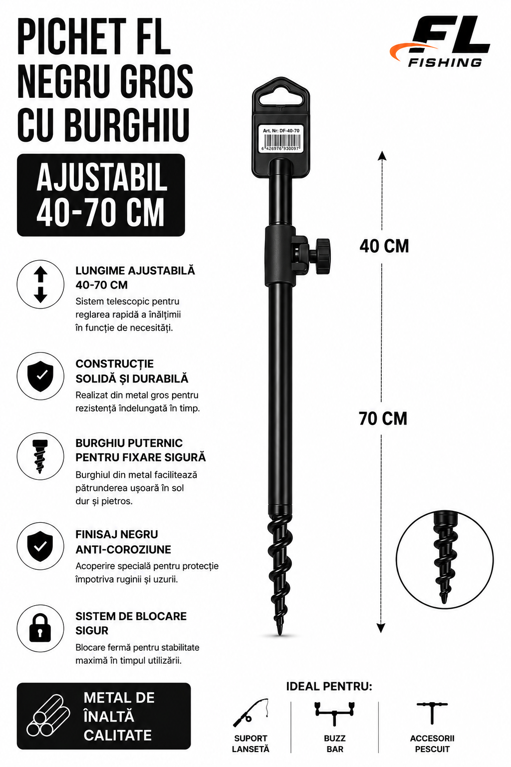 Pichet FL Negru Gros cu Burghiu Reglabil 40-70 cm