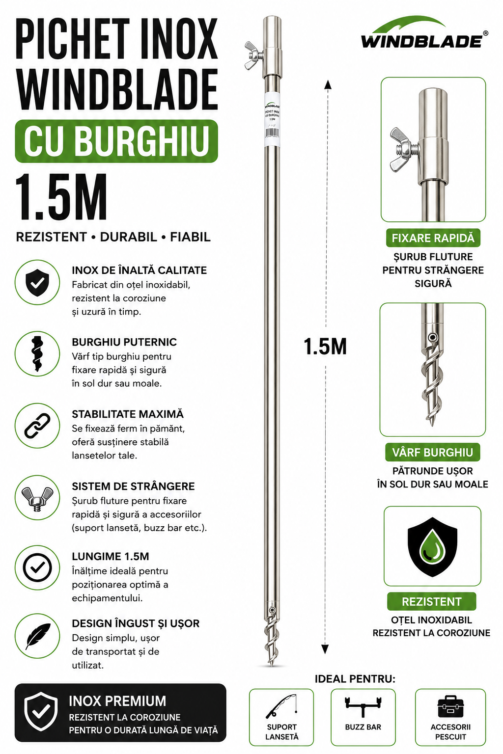 Pichet Inox Windblade cu Burghiu 1.5 m