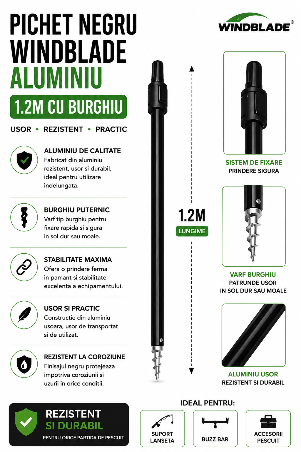 Pichet Negru Windblade Aluminiu 1.2 m cu Burghiu