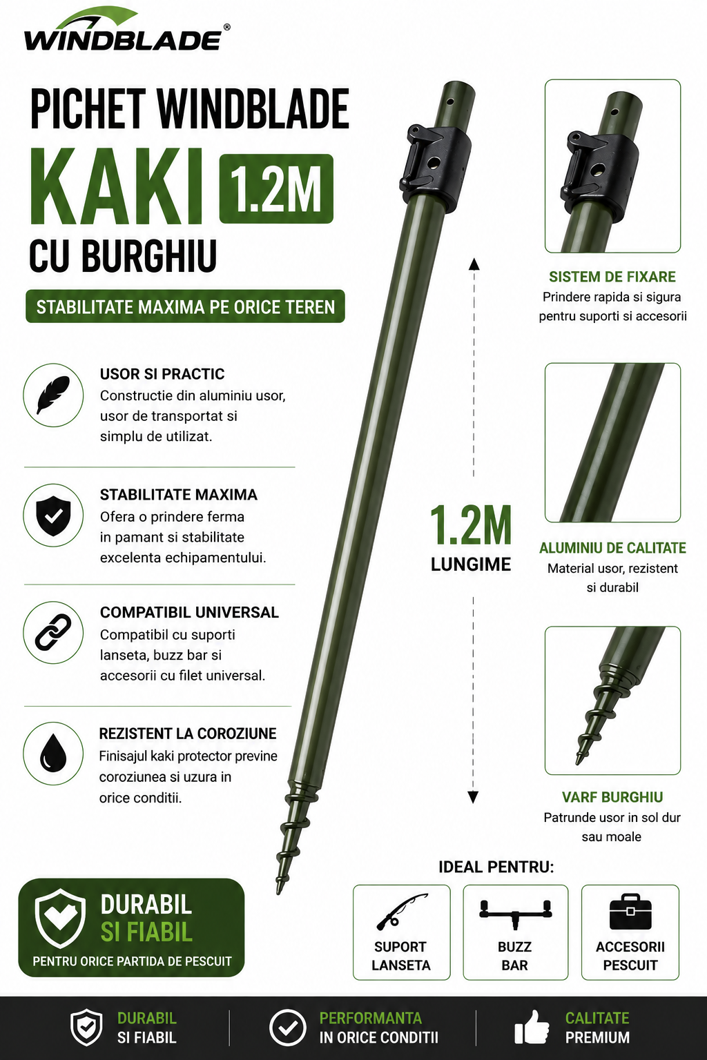 Pichet Windblade Kaki 1.2 m cu Burghiu din Aluminiu