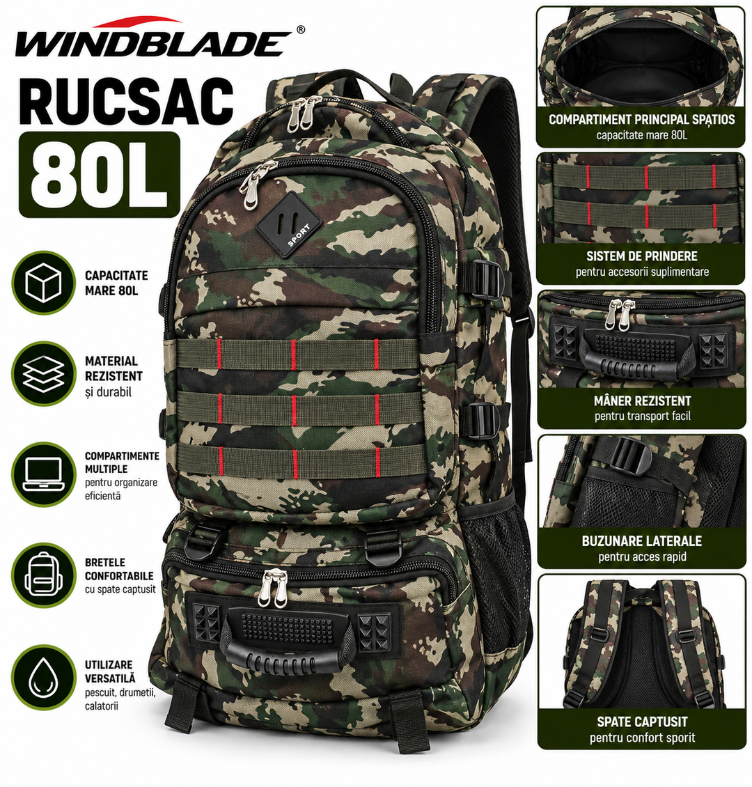 Rucsac Windblade 80L Camuflaj – Rucsac pentru Pescuit si Activitati Outdoor