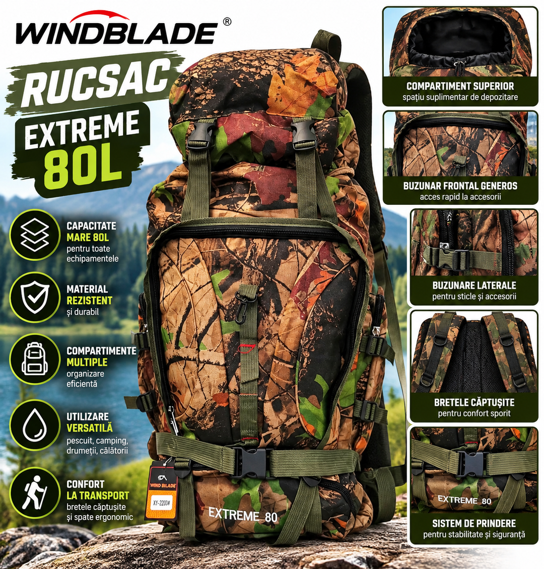Rucsac Windblade Extreme 80L Camuflaj – Rucsac pentru Pescuit, Camping si Drumetii